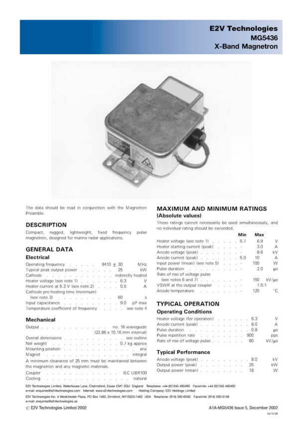 MG5436 EEV Magnetron marine radar spare part